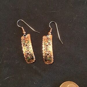 CEA COPPER EARRINGS ETCHED FLOWERS EUC